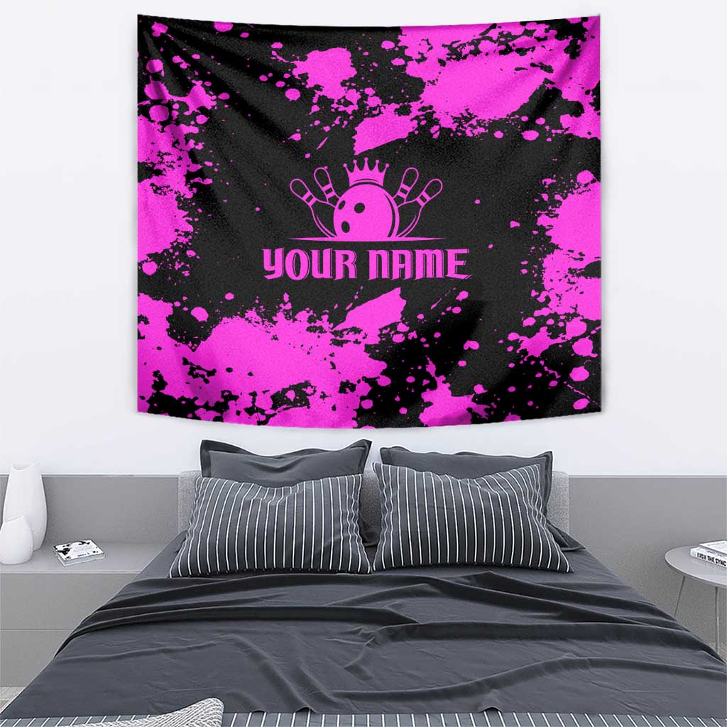Pink Paint Splatter Design Tapestry with Bowling Graphic and Custom Team Name Text - Wonder Print Shop