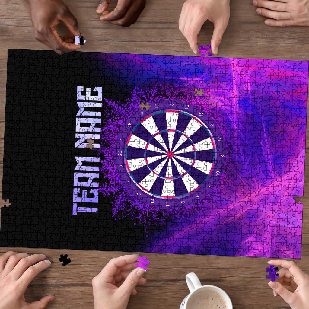 Dartboard and Darts Puzzle with Purple Smoke Background and Custom Team Name - Wonder Print Shop