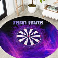 Round dartboard area rug with purple smoke design and 'TEAM NAME' text