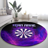 Round dartboard area rug featuring purple smoke, 'TEAM NAME' banner, and dartboard target