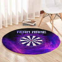 Round dartboard area rug with purple smoke, dartboard target, and 'TEAM NAME' text