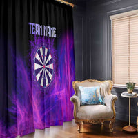 Black window curtain with purple dartboard graphic and custom team name