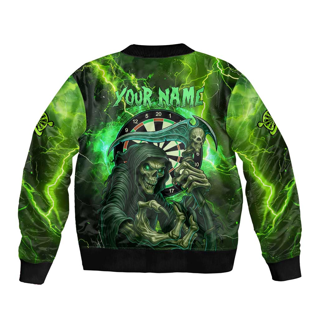 Grim Reaper and Dartboard Darts Bomber Jacket with Green Lightning Background and Custom Team Name - Wonder Print Shop