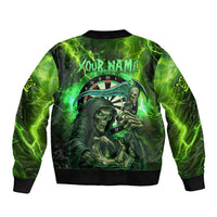 Grim Reaper and Dartboard Darts Bomber Jacket with Green Lightning Background and Custom Team Name - Wonder Print Shop