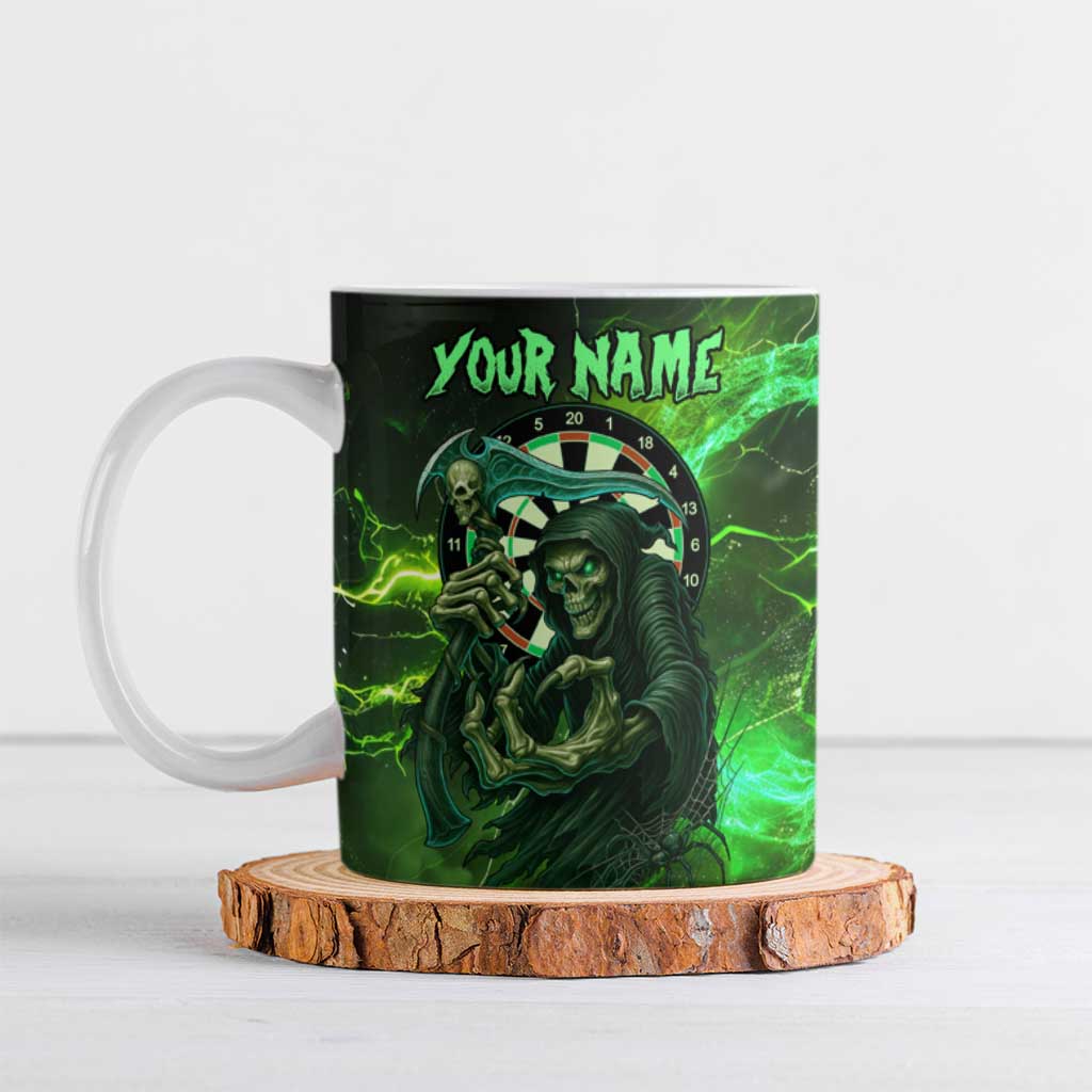 Grim Reaper and Dartboard Darts Ceramic Mug with Green Lightning Background and Custom Team Name - Wonder Print Shop