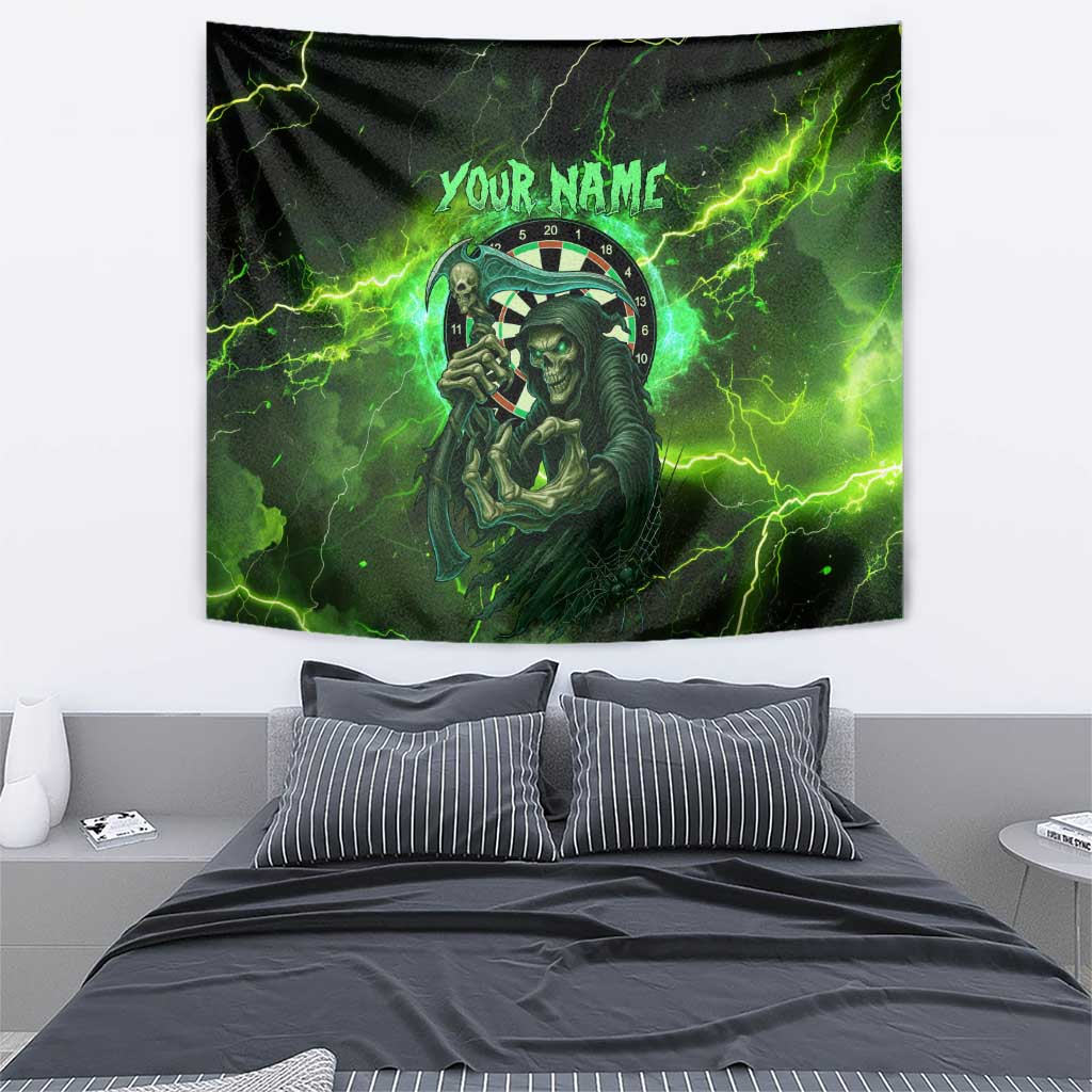 Grim Reaper and Dartboard Darts Tapestry with Green Lightning Background and Custom Team Name - Wonder Print Shop