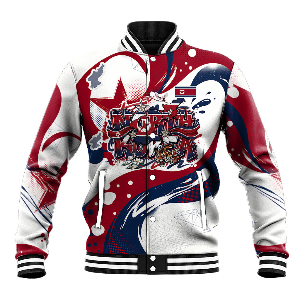 North Korea Flag Day Rise With The Flag Baseball Jacket Dynamic Red Star Paint Splatter With Tiger