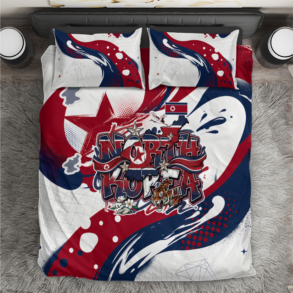 North Korea Flag Day Rise With The Flag Bedding Set Dynamic Red Star Paint Splatter With Tiger