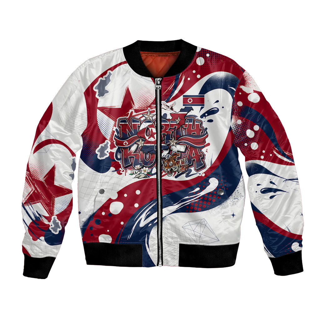 North Korea Flag Day Rise With The Flag Bomber Jacket Dynamic Red Star Paint Splatter With Tiger