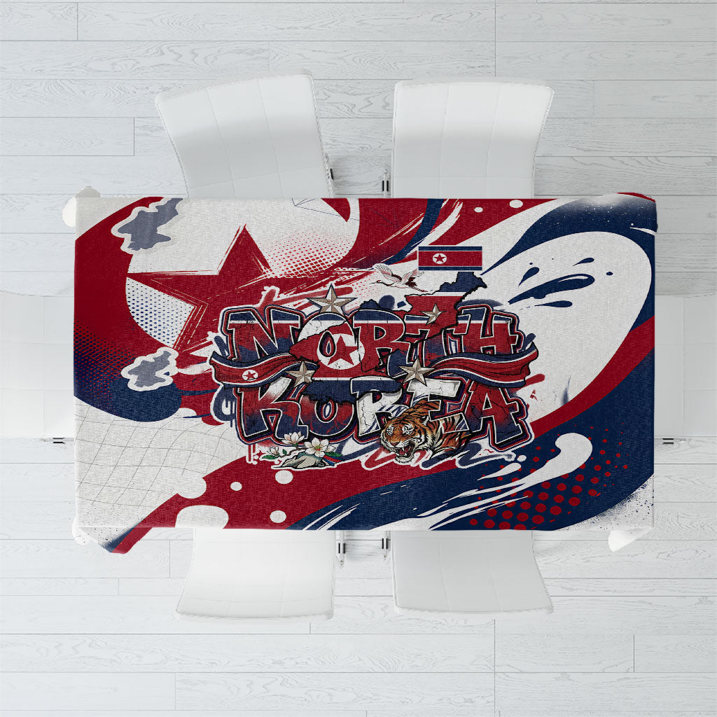 North Korea Flag Day Rise With The Flag Tablecloth Dynamic Red Star Paint Splatter With Tiger