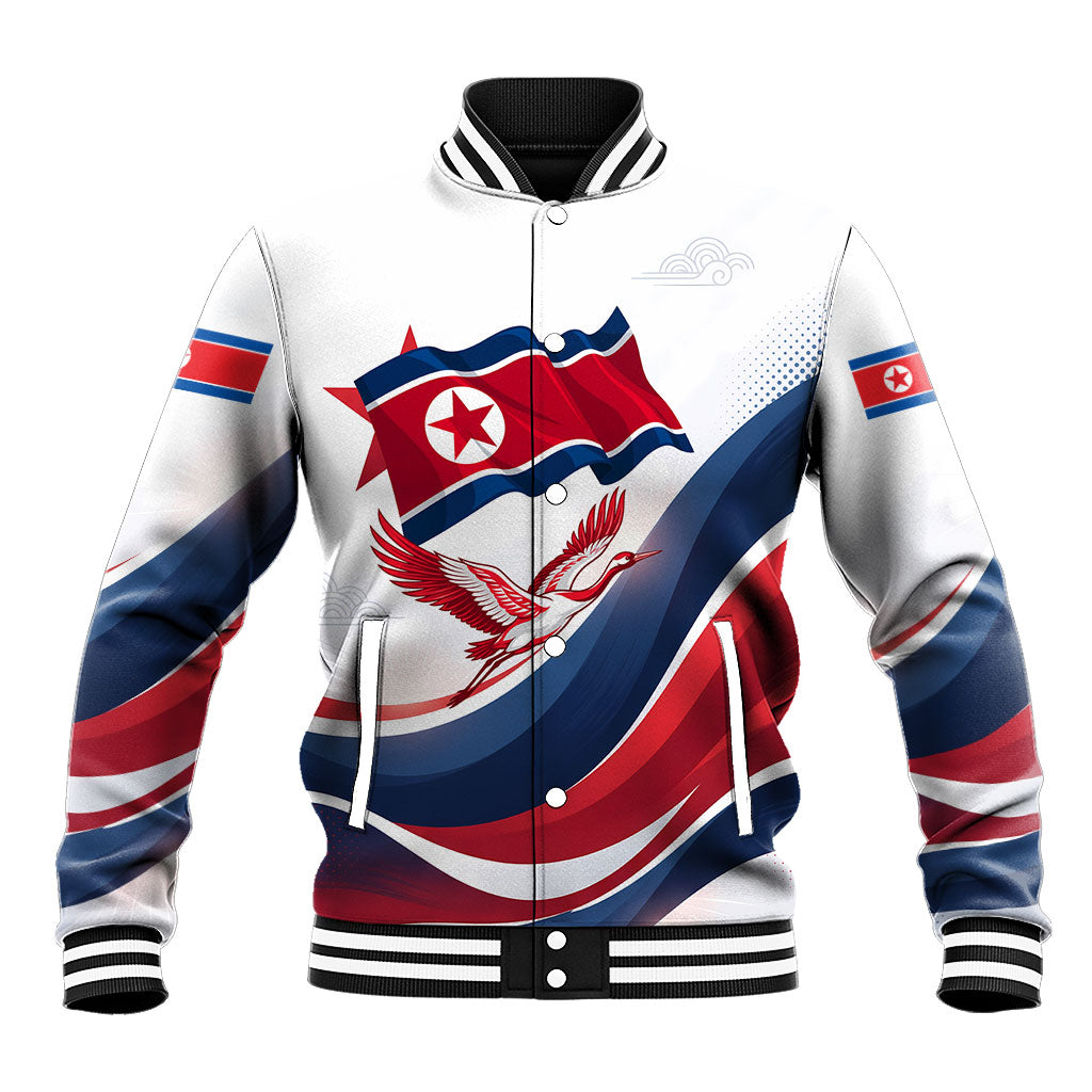 North Korea Flag Day Spirit Of North Korea Baseball Jacket Flying Crane Graphic With Tiger Portrait And Magnolia Flowers