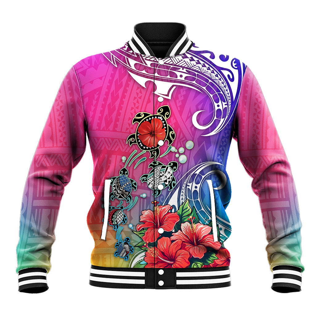 Gradient baseball jacket with striped ribbed collar, turtle and flower front graphic, black trim