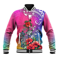 Gradient baseball jacket with striped ribbed collar, turtle and flower front graphic, black trim