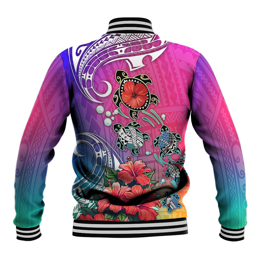 Gradient baseball jacket with striped ribbed collar, turtle and hibiscus graphic, multicolor