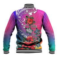 Gradient baseball jacket with striped ribbed collar, turtle and hibiscus graphic, multicolor