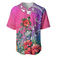 Baseball jersey in gradient pink and purple with turtle, hibiscus, and wave pattern