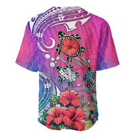 Baseball jersey with gradient pink-purple, turtle and hibiscus ocean motifs, short sleeves