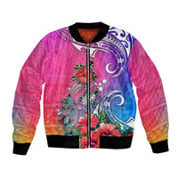 Unisex bomber jacket with gradient pink-blue print, turtles and hibiscus flowers; zip front.