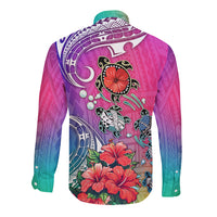 Back of long sleeve button shirt, purple-to-teal gradient with turtles and red hibiscus