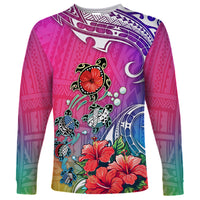Unisex long-sleeve shirt with turtle and hibiscus print, pink-to-teal gradient