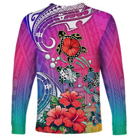 Unisex long-sleeve shirt, centered turtle and hibiscus graphic on pink-to-teal gradient