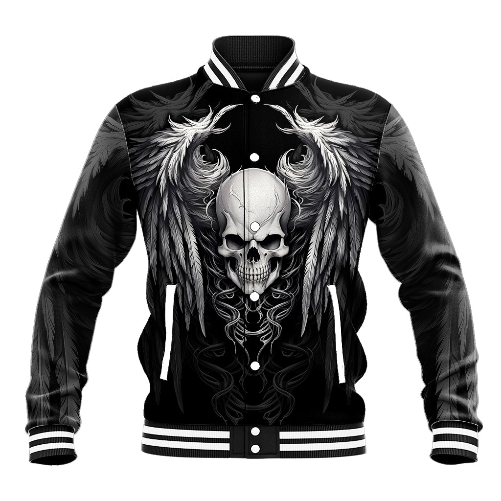 Black baseball jacket with skull and wing graphic, striped ribbed collar and cuffs