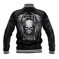 Black baseball jacket back with skull wings and text graphic, striped ribbed hem