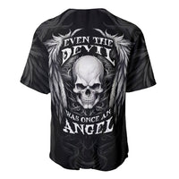Black baseball jersey back shows skull, white wings, and text 'EVEN THE DEVIL WAS ONCE AN ANGEL'