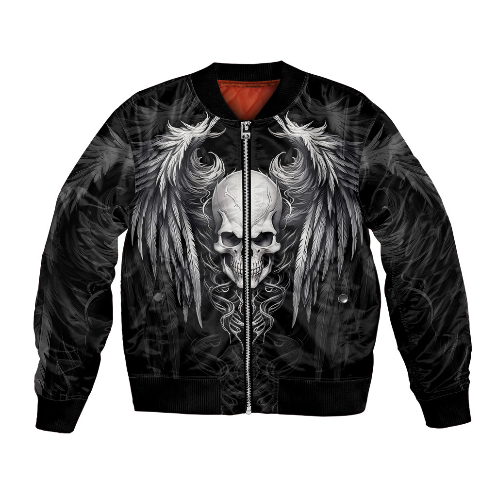 Black bomber jacket with front skull and wing graphic, zip-up