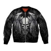 Black bomber jacket with front skull and wing graphic, zip-up