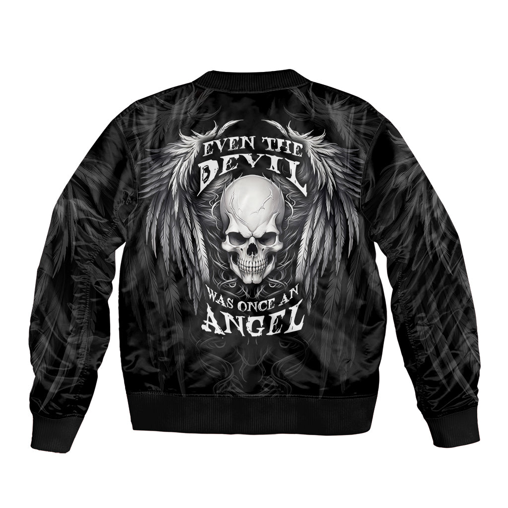 Black bomber jacket with back skull, wing, and text graphic, zip-up