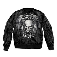 Black bomber jacket with back skull, wing, and text graphic, zip-up