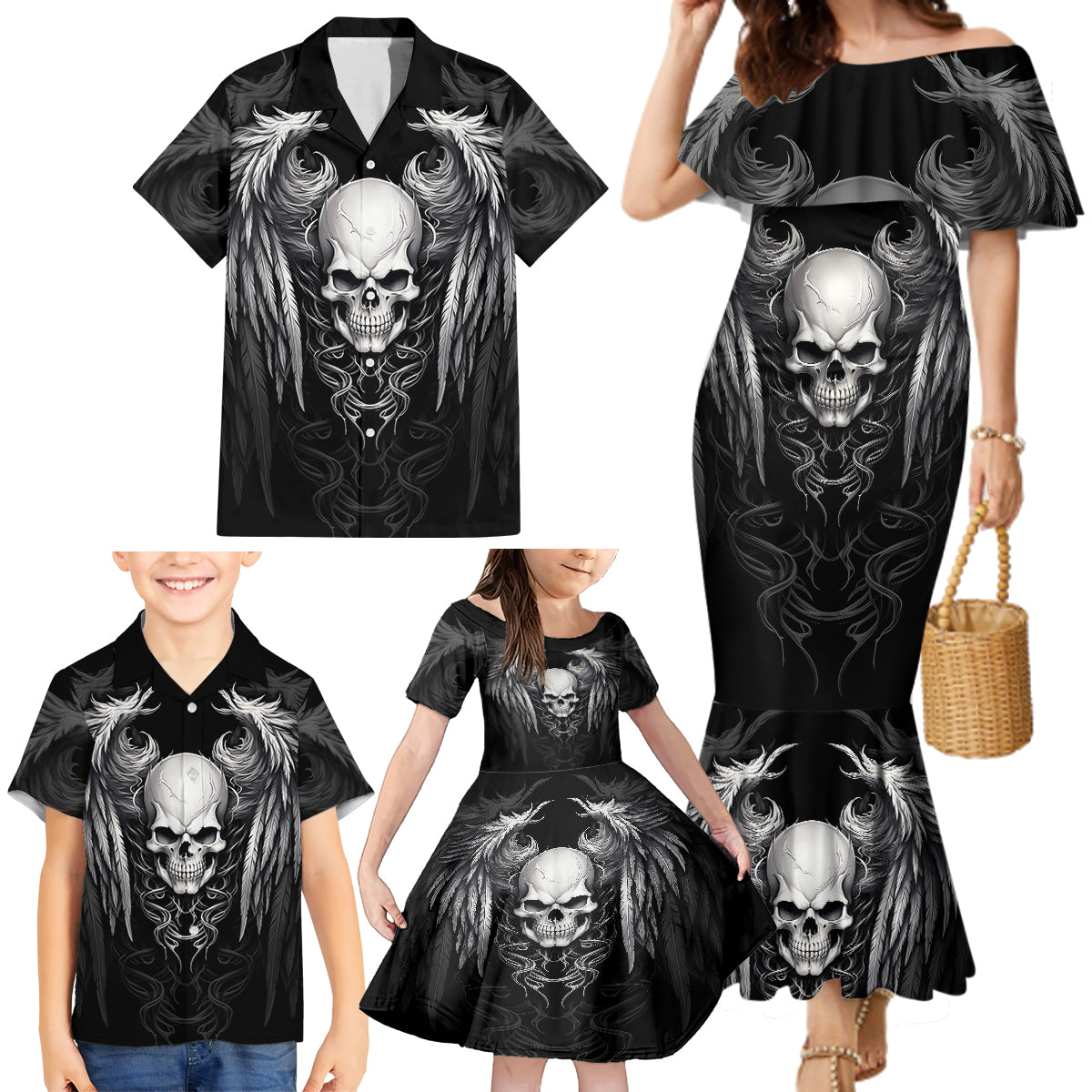 Skull and Wings Family Matching Mermaid Dress and Hawaiian Shirt Even The Devil Was Once An Angel - Wonder Print Shop