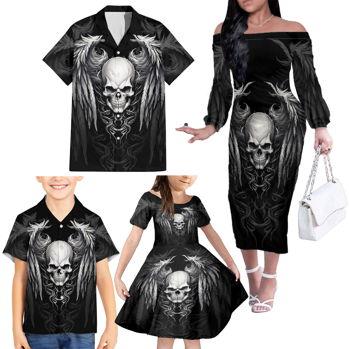 Skull and Wings Family Matching Off Shoulder Long Sleeve Dress and Hawaiian Shirt Even The Devil Was Once An Angel - Wonder Print Shop