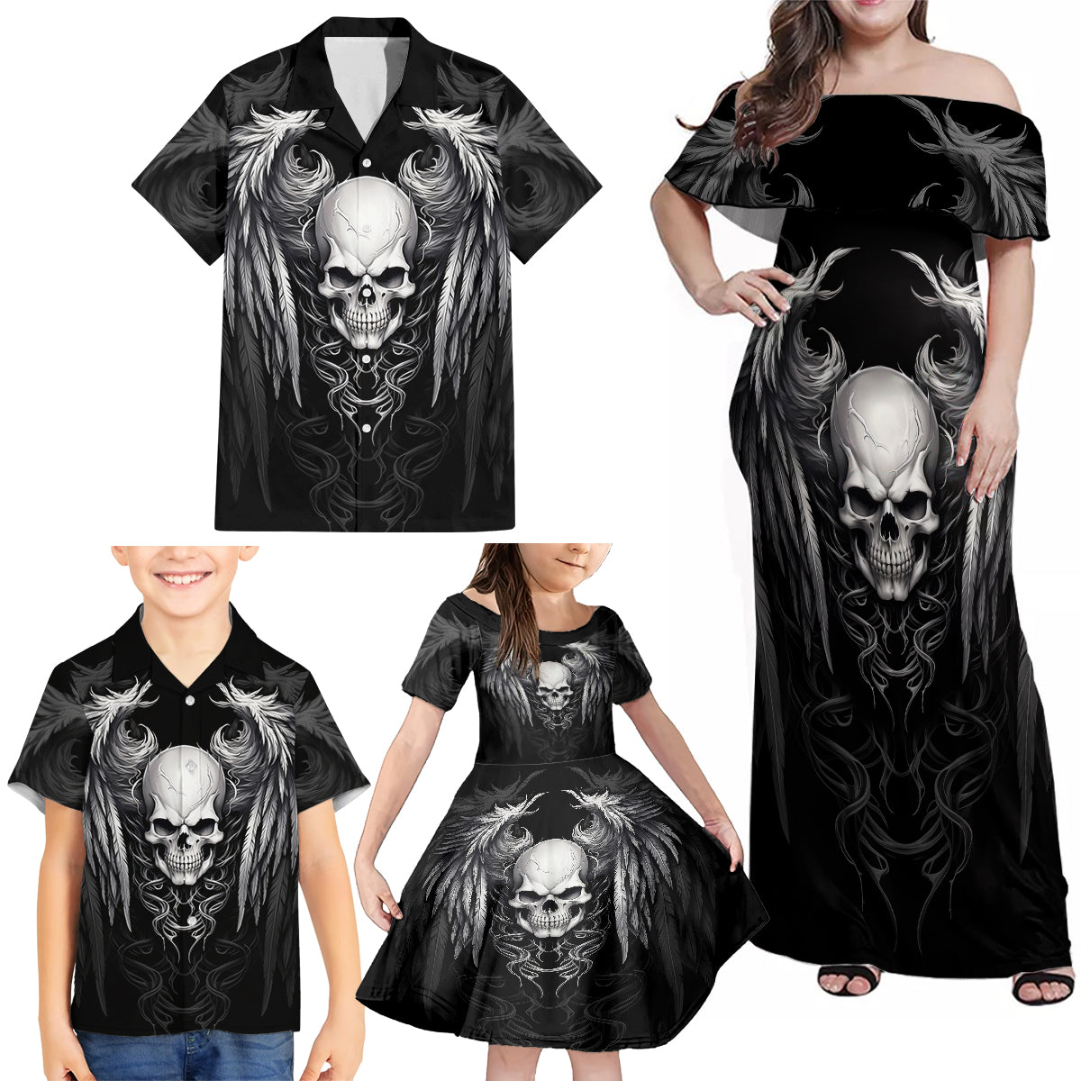 Skull and Wings Family Matching Off Shoulder Maxi Dress and Hawaiian Shirt Even The Devil Was Once An Angel - Wonder Print Shop