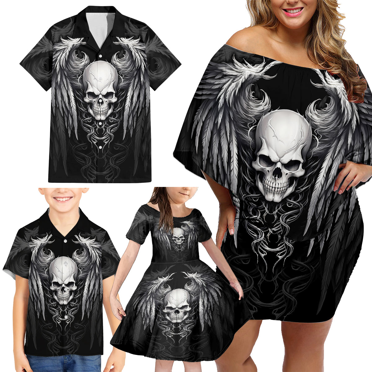 Skull and Wings Family Matching Off Shoulder Short Dress and Hawaiian Shirt Even The Devil Was Once An Angel - Wonder Print Shop