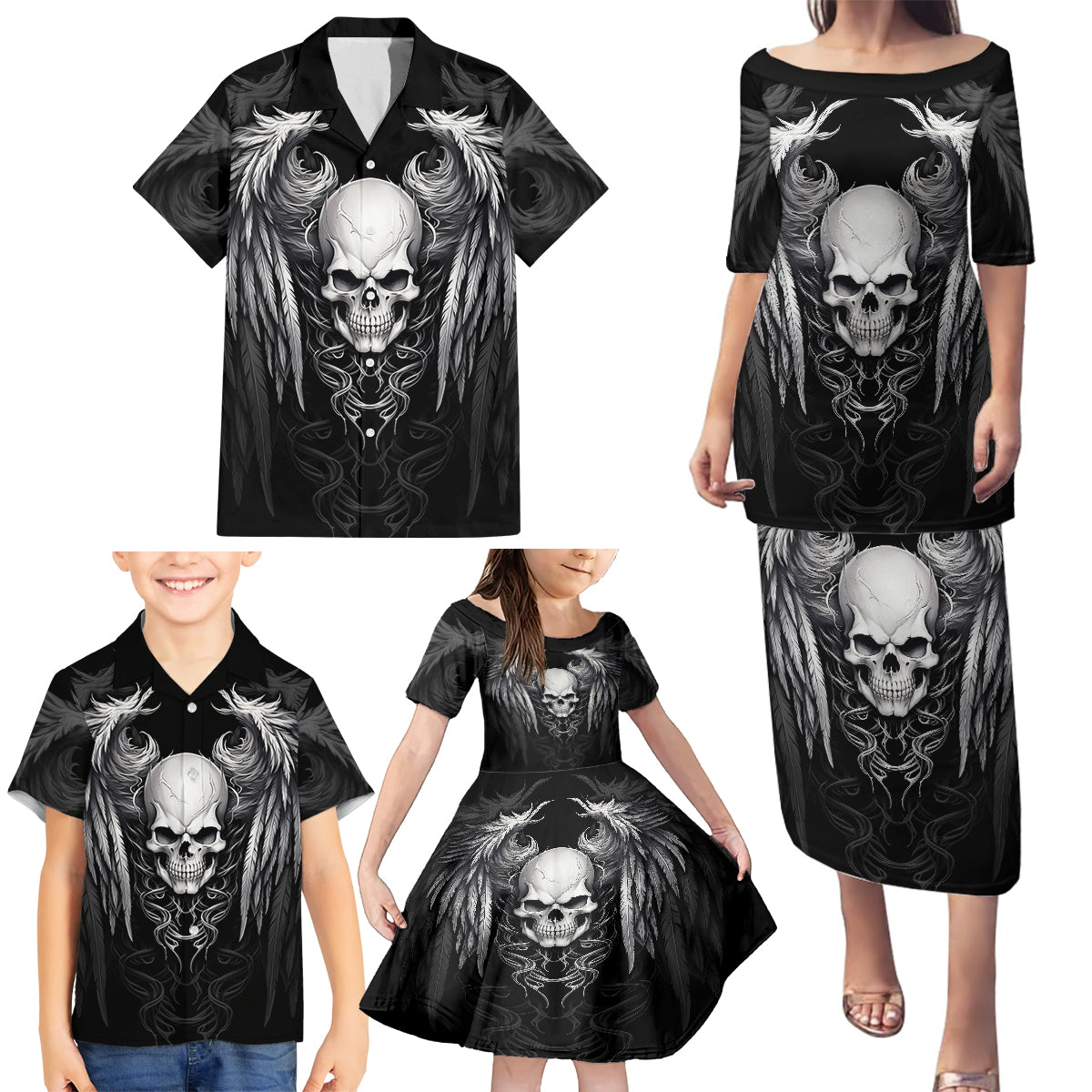 Skull and Wings Family Matching Puletasi Dress and Hawaiian Shirt Even The Devil Was Once An Angel - Wonder Print Shop