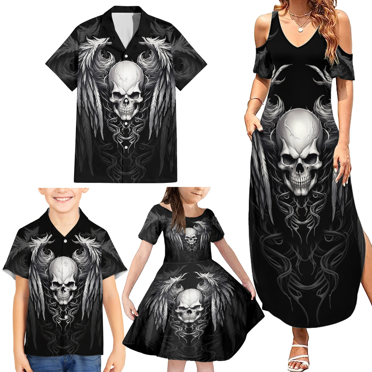 Skull and Wings Family Matching Summer Maxi Dress and Hawaiian Shirt Even The Devil Was Once An Angel - Wonder Print Shop