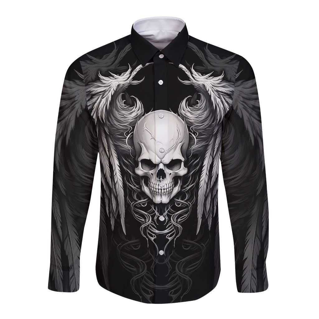 Skull and Wings Long Sleeve Button Shirt Even The Devil Was Once An Angel - Wonder Print Shop