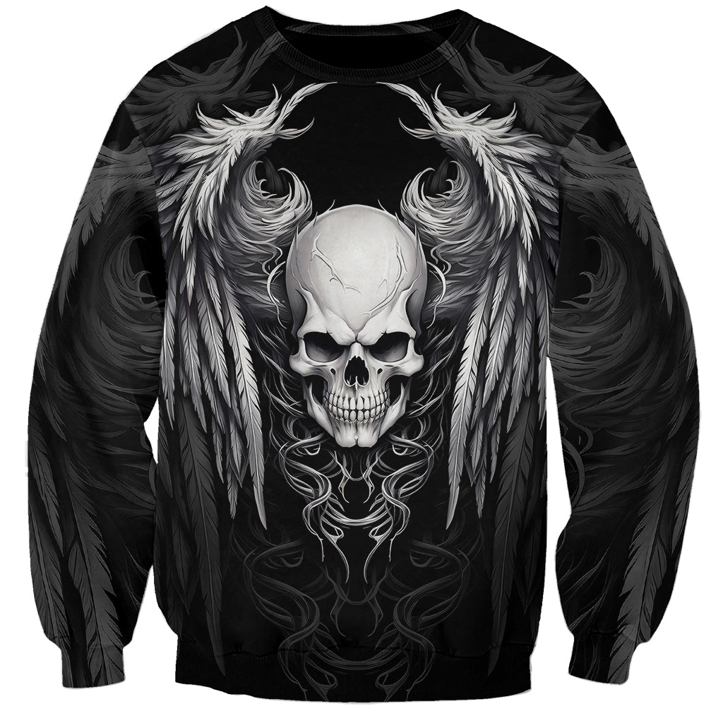 Black unisex sweatshirt with skull and white winged graphic on front