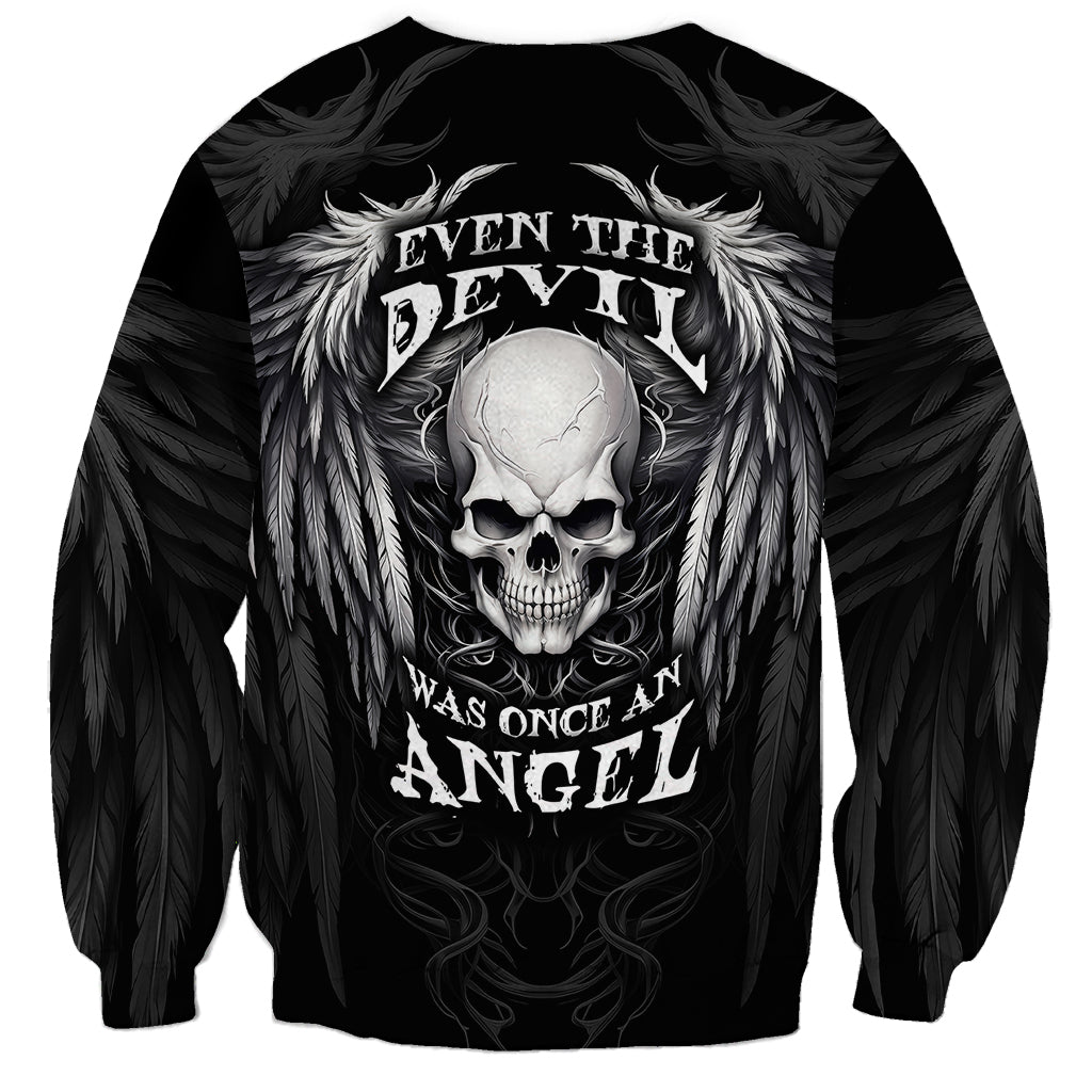 Black unisex sweatshirt with skull wings and 'Even the Devil Was Once an Angel' print