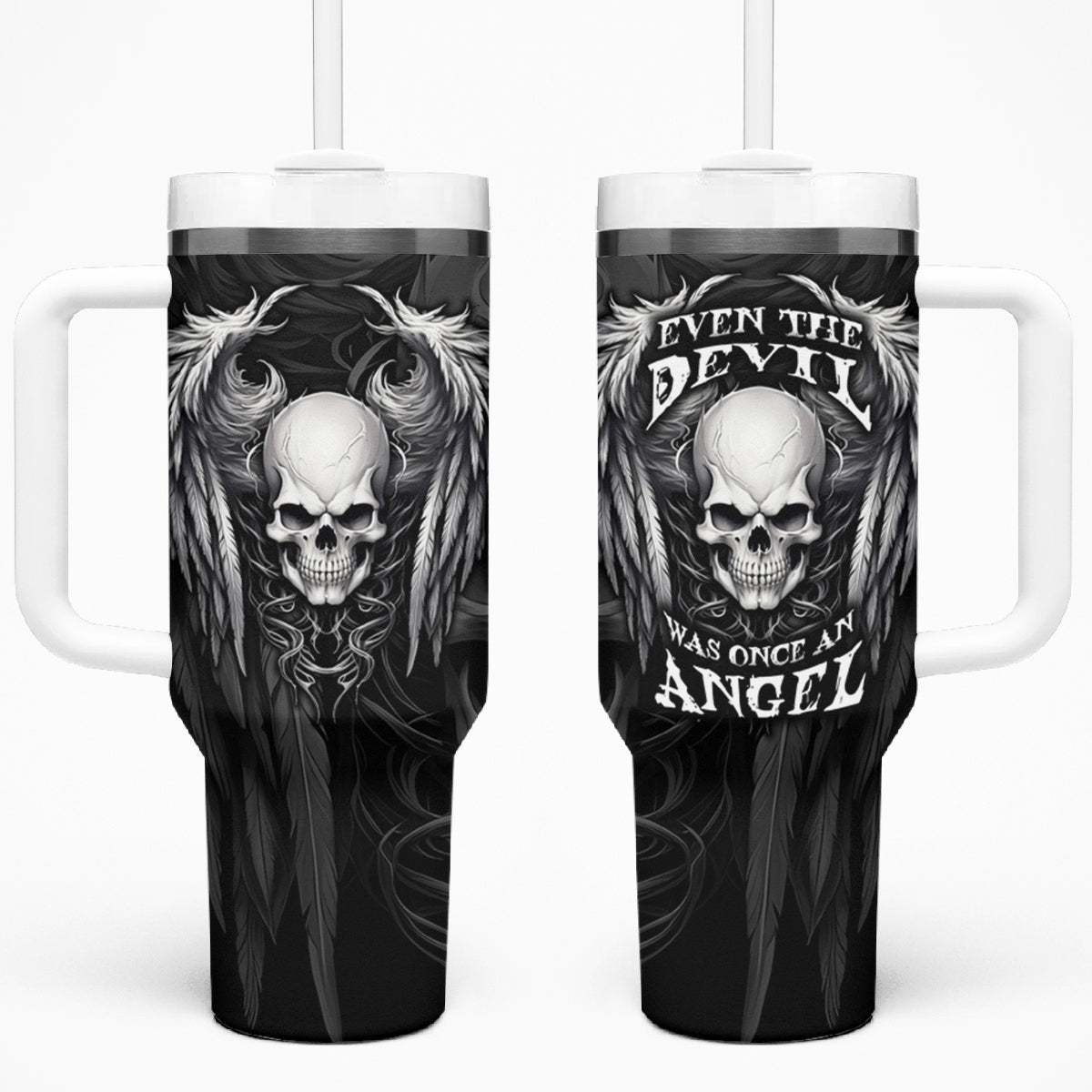 Skull and Wings Tumbler With Handle Even The Devil Was Once An Angel