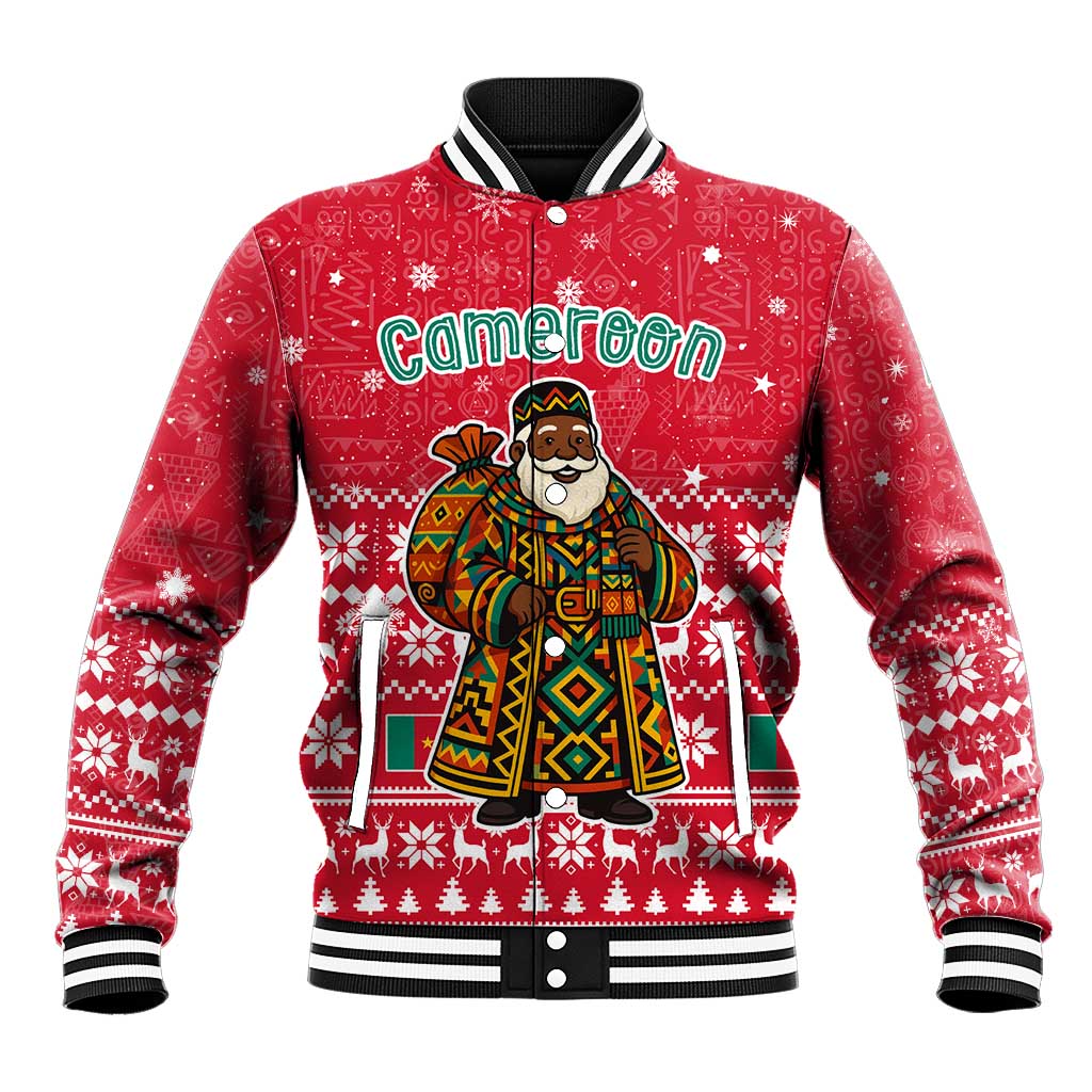 Cameroon Christmas Baseball Jacket with Red Snowflake Pattern Traditional Santa and Map Motif - Wonder Print Shop