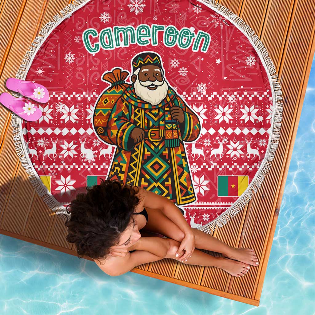 Cameroon Christmas Beach Blanket with Red Snowflake Pattern Traditional Santa and Map Motif - Wonder Print Shop