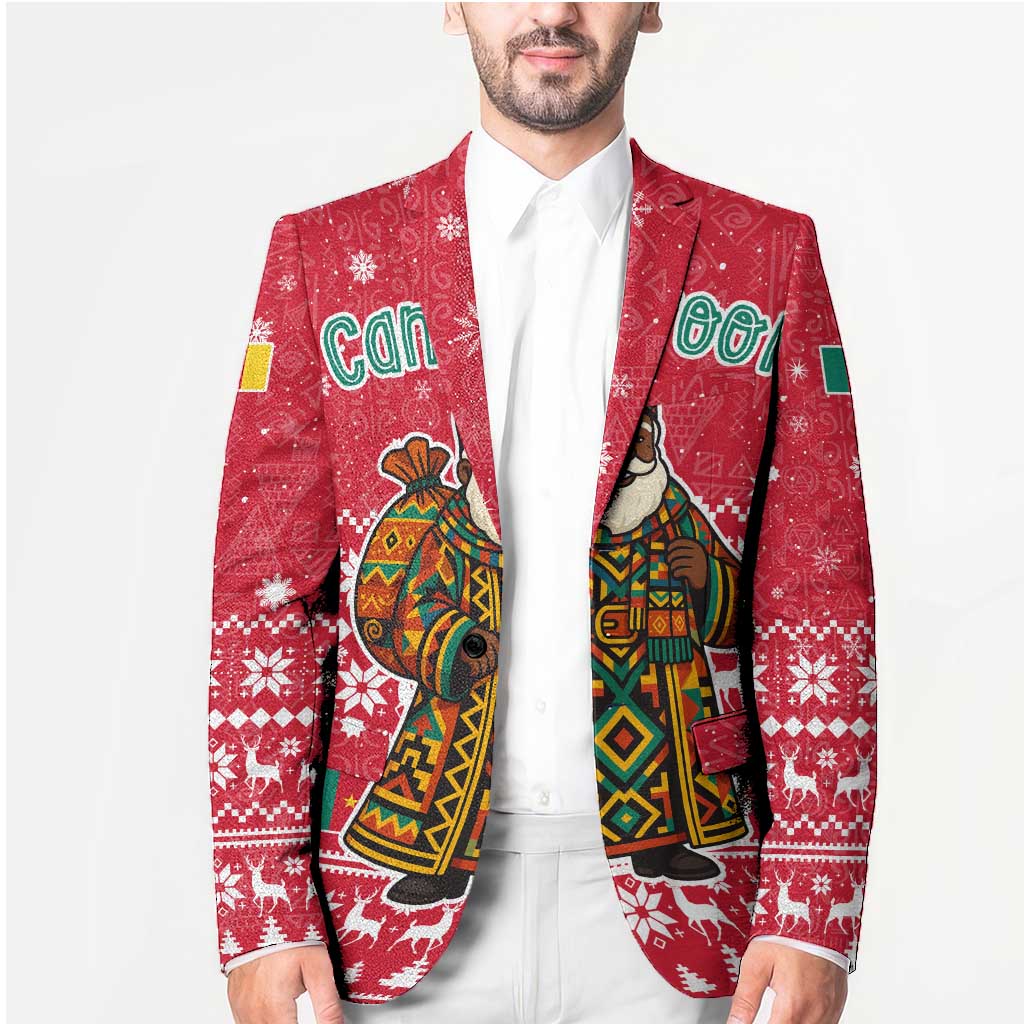 Cameroon Christmas Blazer with Red Snowflake Pattern Traditional Santa and Map Motif - Wonder Print Shop