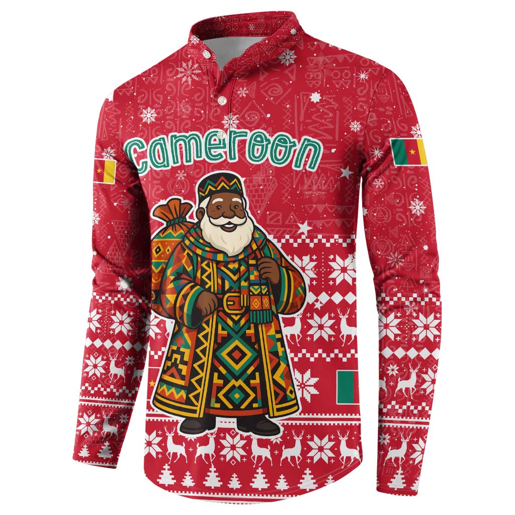 Cameroon Christmas Button Sweatshirt with Red Snowflake Pattern Traditional Santa and Map Motif - Wonder Print Shop
