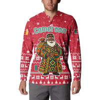 Cameroon Christmas Button Sweatshirt with Red Snowflake Pattern Traditional Santa and Map Motif - Wonder Print Shop