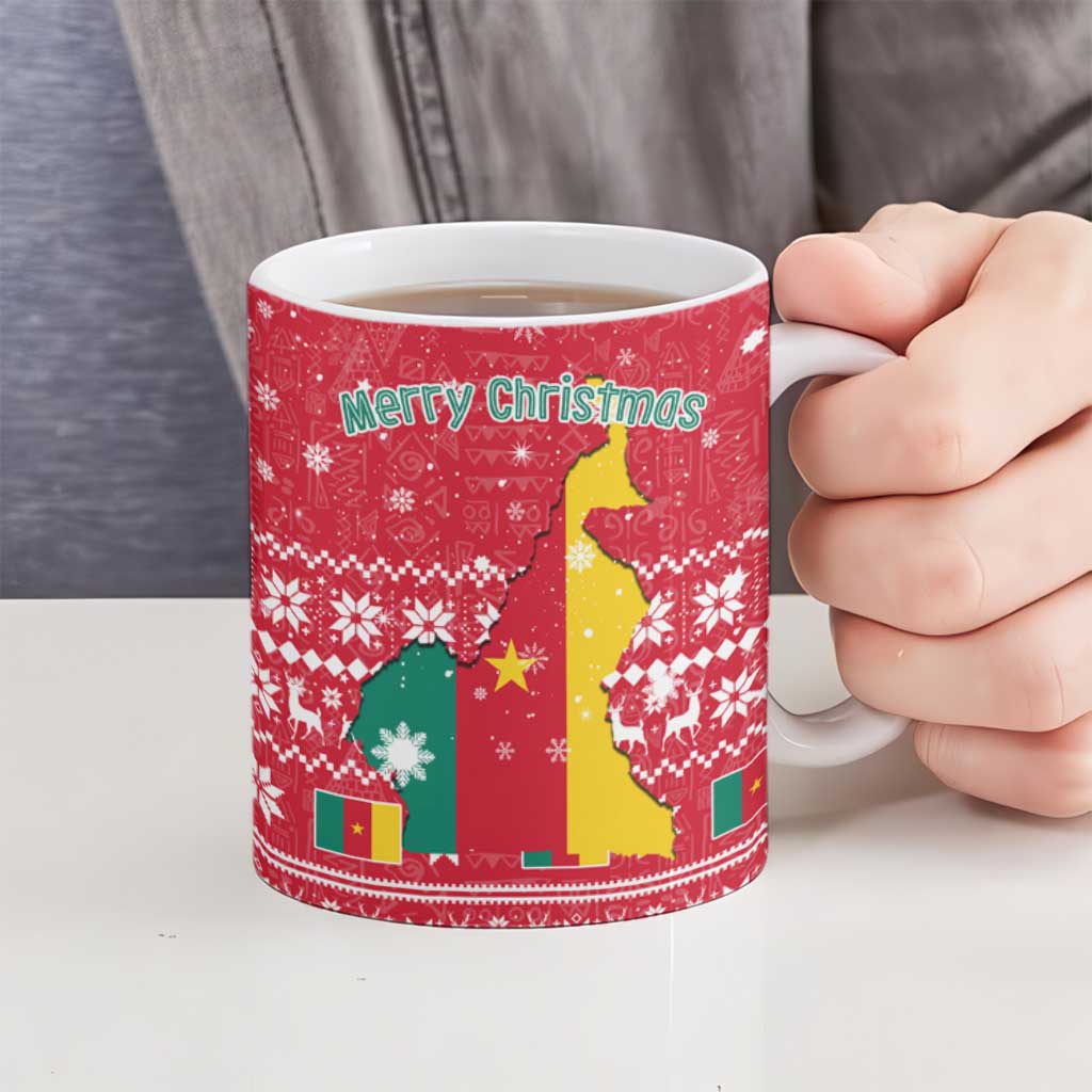 Cameroon Christmas Ceramic Mug with Red Snowflake Pattern Traditional Santa and Map Motif - Wonder Print Shop