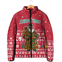 Cameroon Christmas Padded Jacket with Red Snowflake Pattern Traditional Santa and Map Motif - Wonder Print Shop