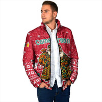 Cameroon Christmas Padded Jacket with Red Snowflake Pattern Traditional Santa and Map Motif - Wonder Print Shop